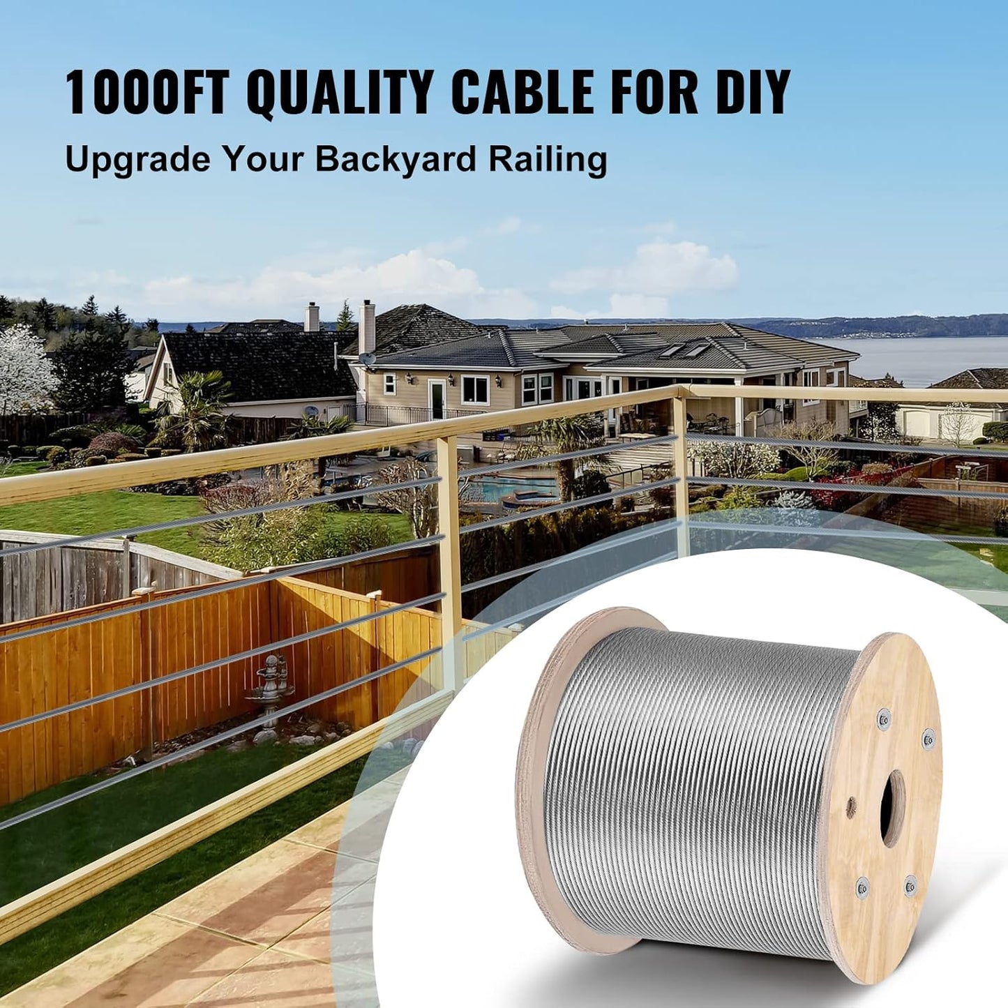 VEVOR 1/8" Stainless Steel Cable 1000FT, T316 1x19 Tighter Core Cable Railing System Wire Rope Aircraft Deck Railing Kit Fence Wire