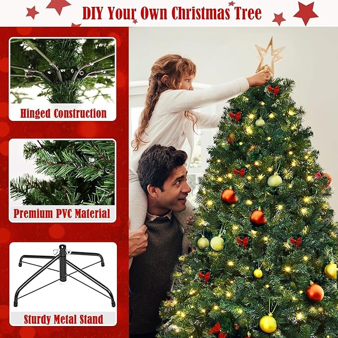 COSTWAY 8 FT Prelit Christmas Tree, Artificial Christmas Tree with 1438PVC Branch Tips, 430 LED Lights, Folding Metal Stand, Easy Assembly, Full Hinged Fir Xmas Tree for Home Office Party Decoration