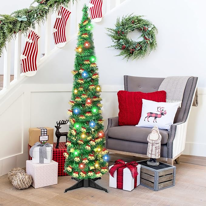 5 FT Pencil Christmas Tree with 90 Colorful Lights, Collapsible Artificial Sequin Pop Up Christmas Tree, Skinny Pencil Tinsel Christmas Trees, Xmas Tree for Home Apartment Basement Fireplace