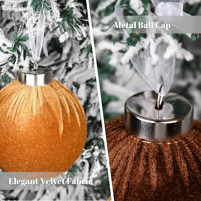 Gold Velvet Christmas Tree Ornaments - 15pcs Shatterproof Christmas Balls for Xmas Trees Decorations - Multicolor Brown Gold Neutral Beige, 80mm 3.15inch
