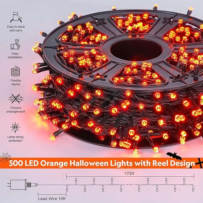 JMEXSUSS 500 LED Orange Halloween Lights Outdoor, 173ft Halloween String Lights Plug in, Waterproof 8 Modes Orange LED Light for Party House Tree Fall Thanksgiving Decorations