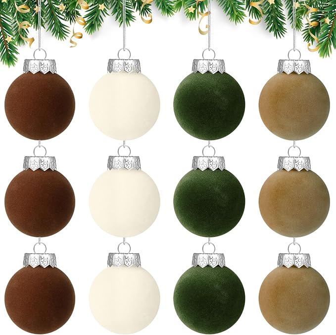 YUJUN 12 PCS Christmas Large Velvet Balls Ornaments 2.36In Shatterproof White Green Tree Hanging Plastic Ball Set Xmas Bulk Flocked Ornaments for Christmas Tree Home Party Wreath Decorations