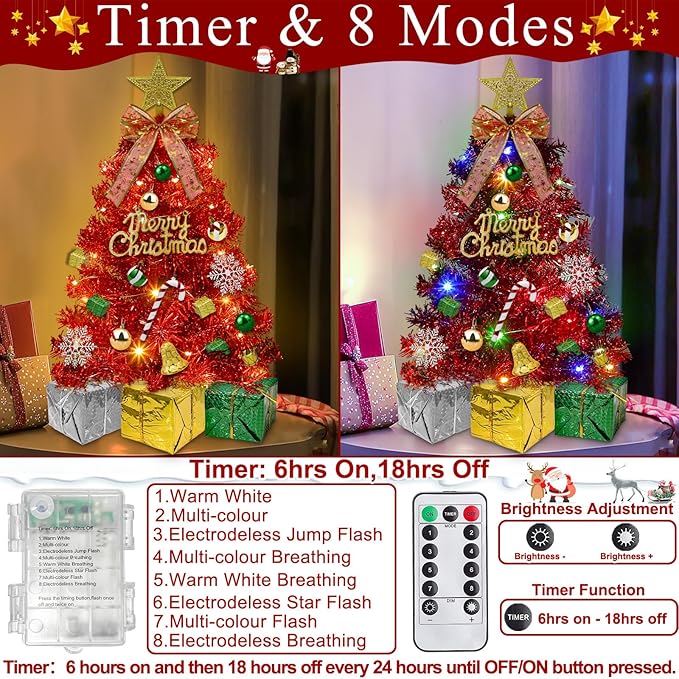 Dual Color Change&Remote Control 24 Inch/2FT Red Tabletop Christmas Tree with Lights Timer, 20 LED Warm White&Colored Lights 8 Modes 27 Orantments Star Boxes Mini Small Xmas Tree Home Holiday Decor