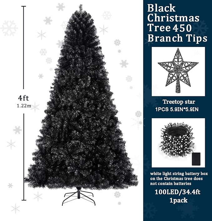KTKDE 4ft Black Christmas Tree Artificial Christmas Tree Halloween Tree Decorations, Full Tree with 450 Branch Tips, Metal Stand, Easy Assembly Festival Celebration Xmas Tree for Home