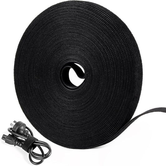 OneLeaf 46ft x 1/2inch Fastening Cable Ties Roll, Reusable Self-Gripping Strips, Double Sided Hook and Loop Tape Cable Management, Cut to Length Straps, Black Heavy Duty Wire Management