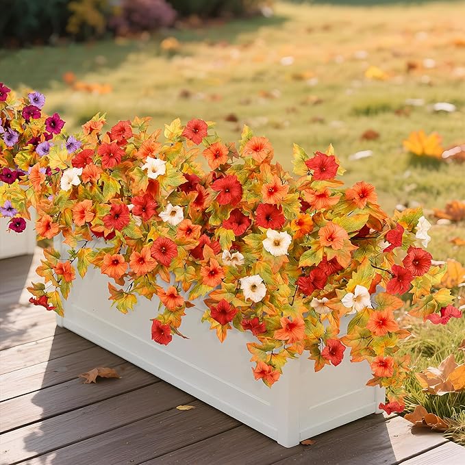 Artificial Fall Flowers Fake Petunias Plants for Outdoor Decoration, 2 Pcs Silk Faux Flowers UV Resistant No Fade Plants for Garden Balcony Yard Porch Realistic Indoor Decor (Orange White)