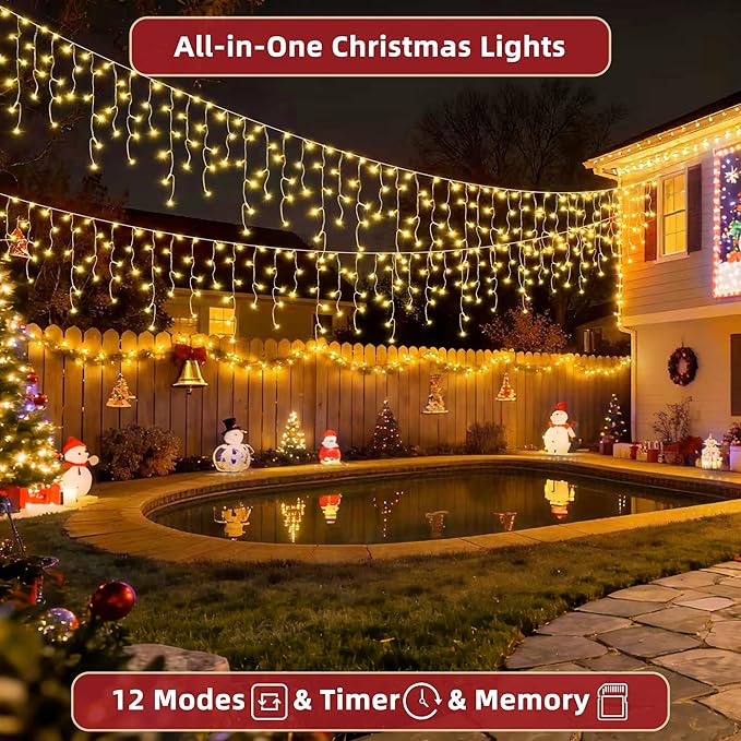 612 LED 60ft Christmas Lights with 136 Drops, 12 Lighting Modes Warm White Christmas Decoration Twinkling Lights Dimmable, Timer Outdoor Waterproof Fairy Lights for Indoor Garden House Eaves Roof