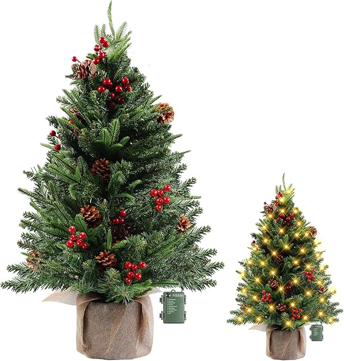 24 Inch Mini Christmas Tree, Table Top Artificial Xmas Pine Trees with 100 5-Pronged PE Branches, DIY Artificial Christmas Tree with 60 LED String Lights, Pine Cones and Red Berries Decoration