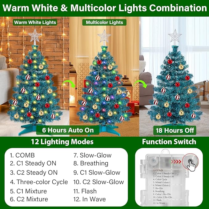 [ Timer & 12 Modes ] 3 Ft Blue Christmas Tree with DIY 50 Warm White & Multi Color Lights 15 Ball Ornaments 3D Star Remote Control Battery Operated Pencil Full Tree Xmas Christmas Decorations Table
