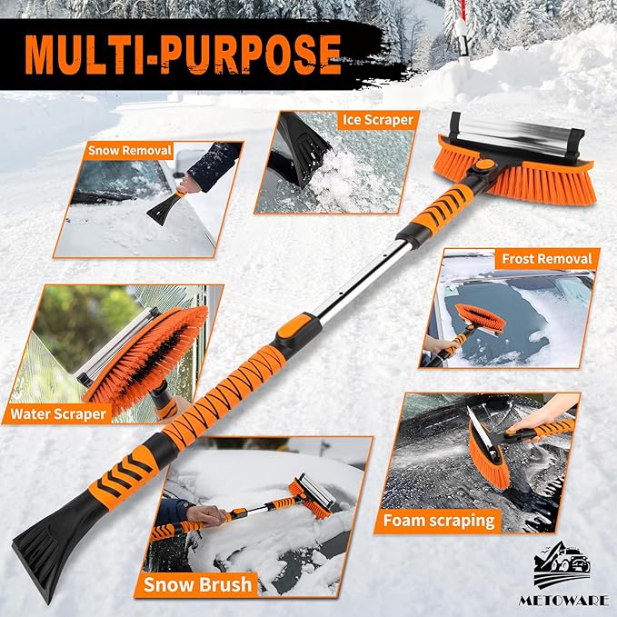METOWARE 44'' Snow Brush and Ice Scrapers for Car Windshield, Extendable Snow Brush for Car with Ergonomic Foam Grip and 360° Pivoting Brush Head for Car SUV Truck