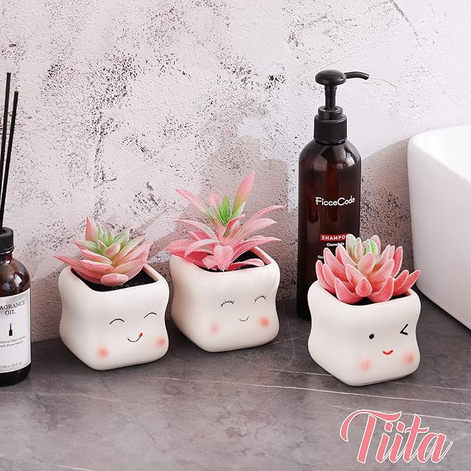 Tiita Cute Artificial Faux Succulents in Pots, Pink Fake Plants Ceramic Arrangement Planter Small Mini Tiny Decoration for Home Office Accessories Women Desk Window Sill Bathroom Bedroom