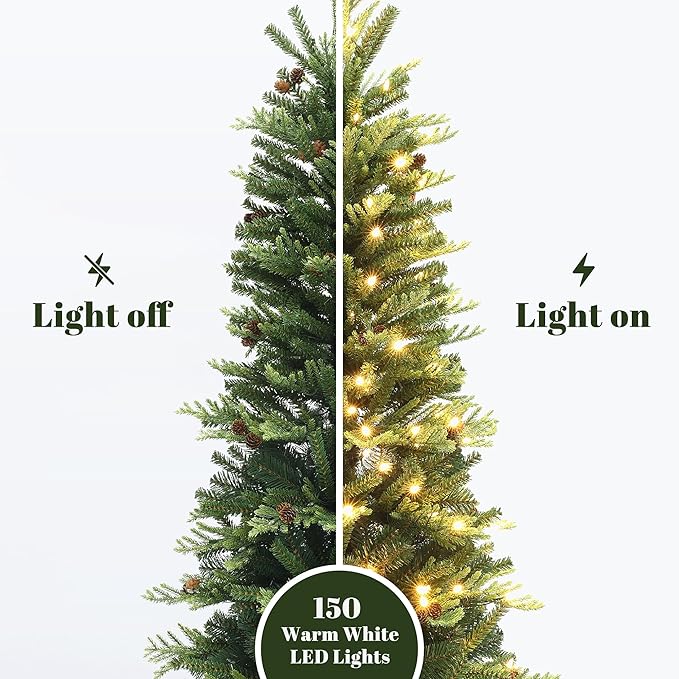 LuxenHome 4.5FT Potted Christmas Tree, Prelit Artificial Small Christmas Trees with 150 LED Lights, Slim Xmas Tree Pre-lit with Pine Cone and Black Fluted Urn Style Pot for Entryway, Living Room