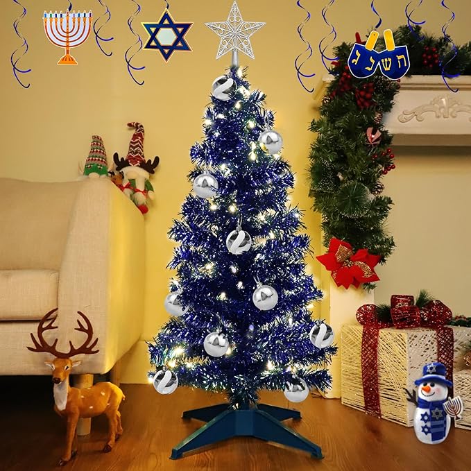 TURNMEON 3 Ft Christmas Hanukkah Tree with Lights Timer 15 DIY Ball Ornament Star Blue Small Tinsel Tree Battery Operated Christmas Artificial 8 Modes Xmas Hanukkah Decorations Home Indoor Holiday