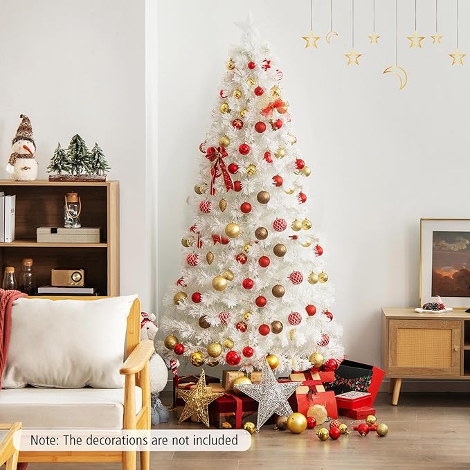 HAPPYGRILL 7FT Pre-lit Fiber Optic Christmas Tree, White Snow-Flocked Artificial Xmas Tree with 270 Branch Tips, 270 Multi-Color LED Lights, Top Star, Fake Holiday Tree for Party Office Home