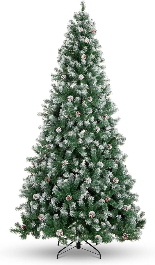 Best Choice Products 6ft Pre-Decorated Holiday Christmas Tree for Home, Office, Party Decoration w/ 1,000 PVC Branch Tips, Partially Flocked Design, Pine Cones, Metal Hinges & Base