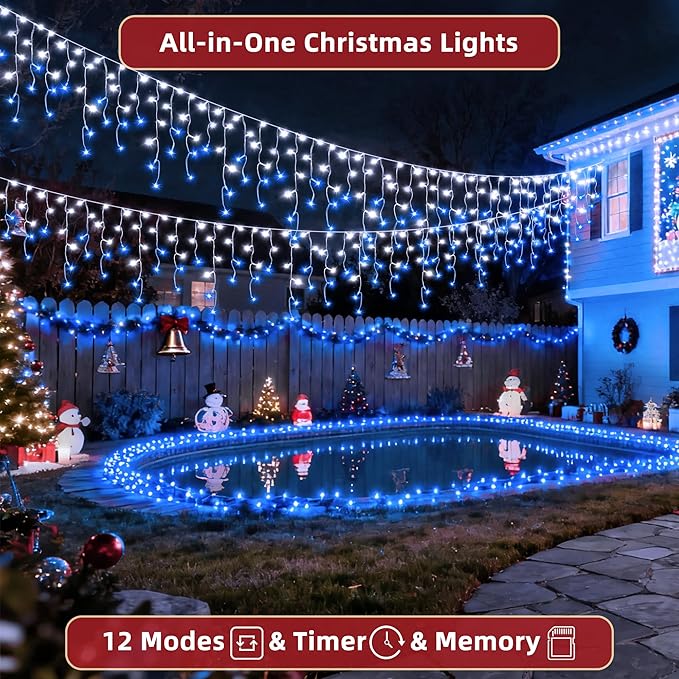 670 LED 66ft Christmas Lights with 148 Drops, 12 Lighting Modes Blue & White Christmas Decoration Twinkling Lights Dimmable, Timer Outdoor Waterproof Fairy Lights for Indoor Garden House Eaves Roof