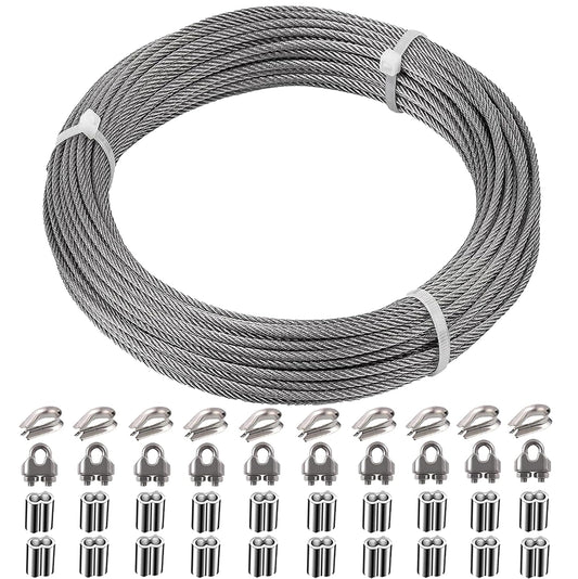 1/8 Inch Stainless Steel Wire Rope Cable Kit,100 ft Length 1/8“ Wire Cable 7x7 Strands with Sleeves, Thimbles, Clips, for Climbing Plants, Deck Railing, Fencing, Outdoor Hanging