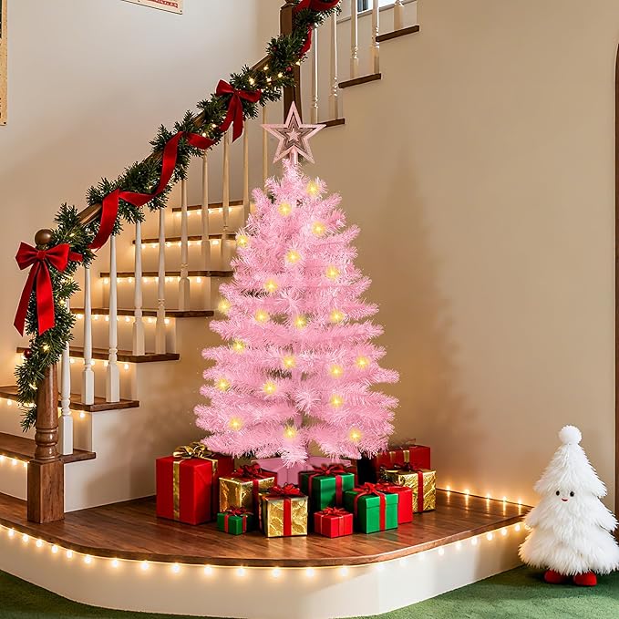 3 Ft Pink Christmas Tree with Lights, Timer 8 Modes 50 Warm White Lights Battery Operated Small Artifical Full Christmas Tree for Tabletop Home Office Indoor Outdoor Xmas Holiday Party Decorations