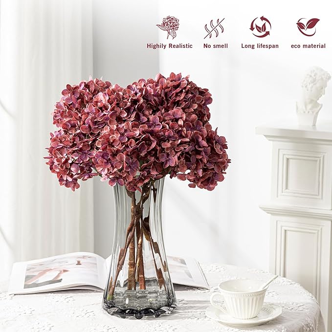 Artificial Flower Fake Silk Hydrangea Heads Bouquet with Stems Bulk for Fall Decoration Table Center Christmas Indoor Outdoor Faux Floral Realistic with Leaves Plants Crafts 8PCS(Rose red)