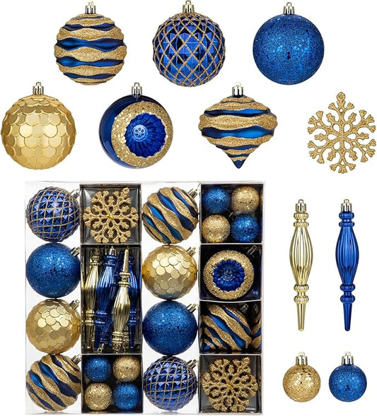 Hollyone Navy Blue and Gold Christmas Balls Ornaments Set, 50pcs Large Glitter Shatterproof Christmas Snowflakes Ornaments Bulk Decoration Hanging Ball for Xmas Tree Wreath Garland Wedding Home Decor