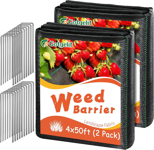 4FT x 100FT Weed Barrier Landscape Fabric, 3.2oz Premium Heavy Duty Lawn Garden Cloth, Woven Geotextile Ground Cover with 20 U-Shaped Pegs for Gardening, Farming, Driveway, Greenhouse(2 Pack 4x50ft)