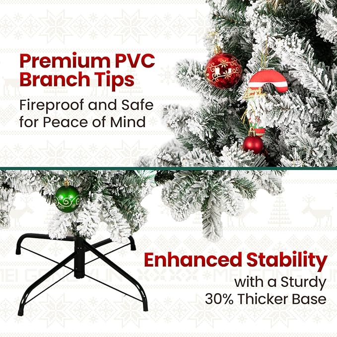 7ft White Artificial Christmas Tree with Snow Flocked Branches, Realistic Full Shape Xmas Tree with Sturdy Metal Stand for Indoor Holiday Decoration