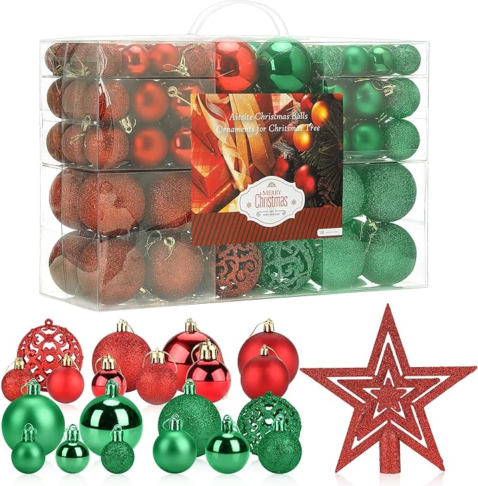 Aitsite 100 Pack Christmas Tree Ornaments Set Mini Shatterproof Holiday Ornaments Balls for Christmas Decorations (Red and Green)