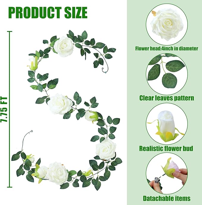 Sggvecsy 4Pcs 31Ft Artificial Rose Vine Fake Flower Garland Floral Garland Faux Silk Hanging Vine Rose Ivy Vines for Wedding Arch Party Wall Garden Ceremony Background Outdoor Decor (White)