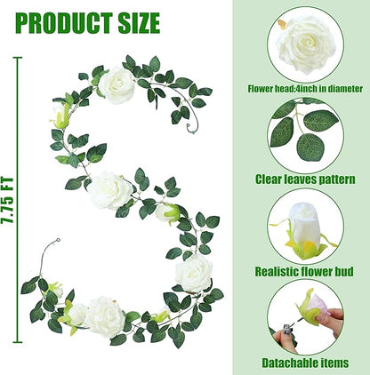Sggvecsy 2Pcs 15.5Ft Artificial Rose Vine Fake Flower Garland Floral Garland Faux Silk Hanging Vine Rose Ivy Vines for Wedding Arch Party Wall Garden Ceremony Background Outdoor Decor (White)