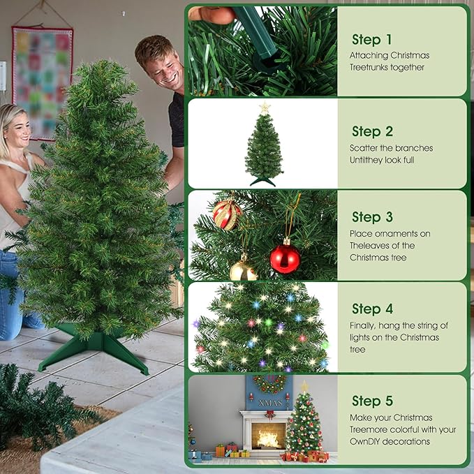 3Ft Christmas Tree with Lights, Table Christmas Tree with 50 LED 12 Modes, 3D Star, 15 Hanging Ball Ornaments, Small Prelit Xmas Tree for Tabletop, Home and Office (Green)