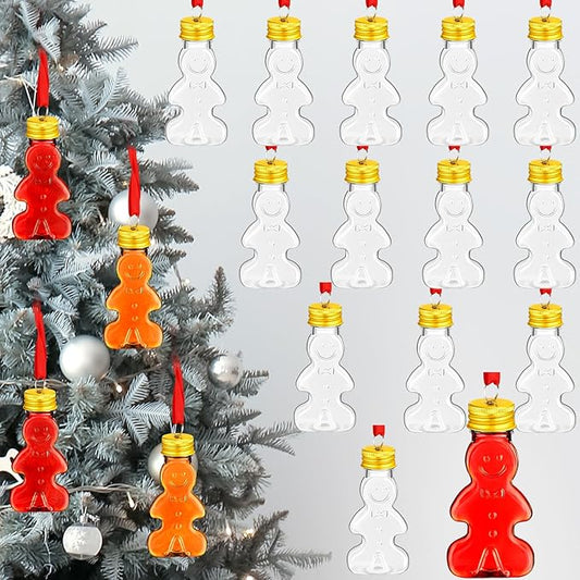 Patelai 18 Pcs Christmas Drink Balls Clear Shot Glass Ornaments Xmas Tree Fillable Ornaments Plastic Xmas Water Bottle Bulbs for Holiday Party Decorations(Gingerbread,50 ml)