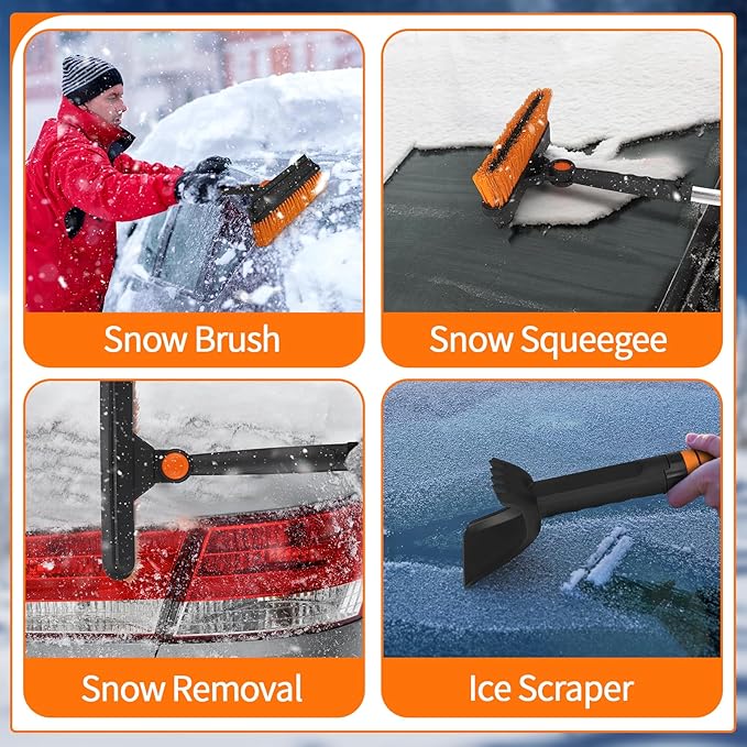4 in 1 Snow Brush for Car, 33"-42" Ice Scrapers with Foam Grip Car Warm Gloves Snow Shovel and Working Gloves, Winter Windshield Extendable Car Cleaner Tool Accessories