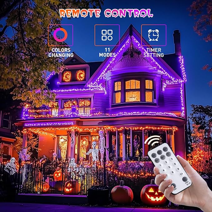 JMEXSUSS 500 LED Halloween Lights Outdoor Orange and Purple, 173ft Color Changing Halloween String Lights with Remote, Waterproof Christmas Tree Lights Plug in for Yard Tree Indoor Decor
