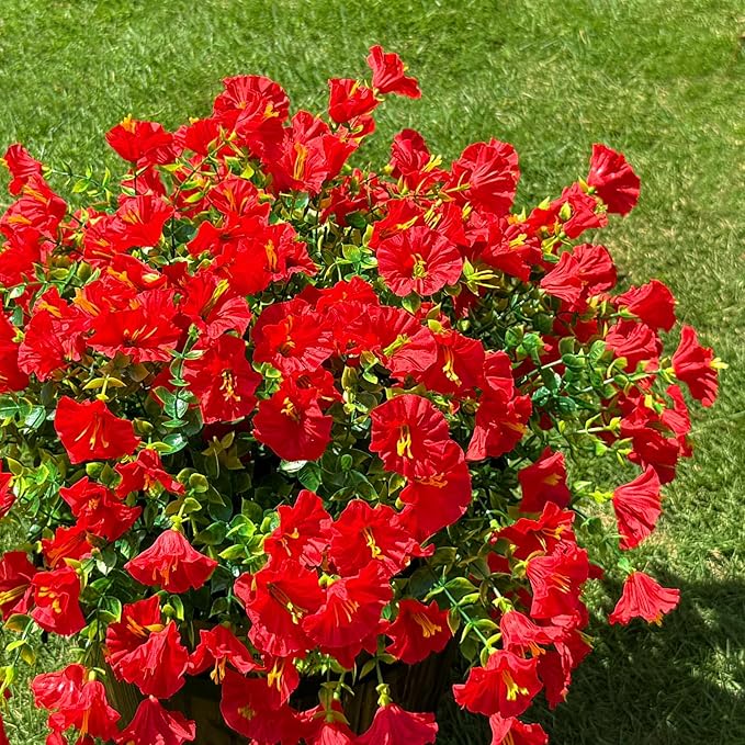 10 Bundles Artificial Flowers for Outdoor,UV Resistant Fake Petunia Flowers,Faux Plants for Outside Hanging Planters,Artificial Plants for Indoor Porch Garden Home Wedding Decor(Red)