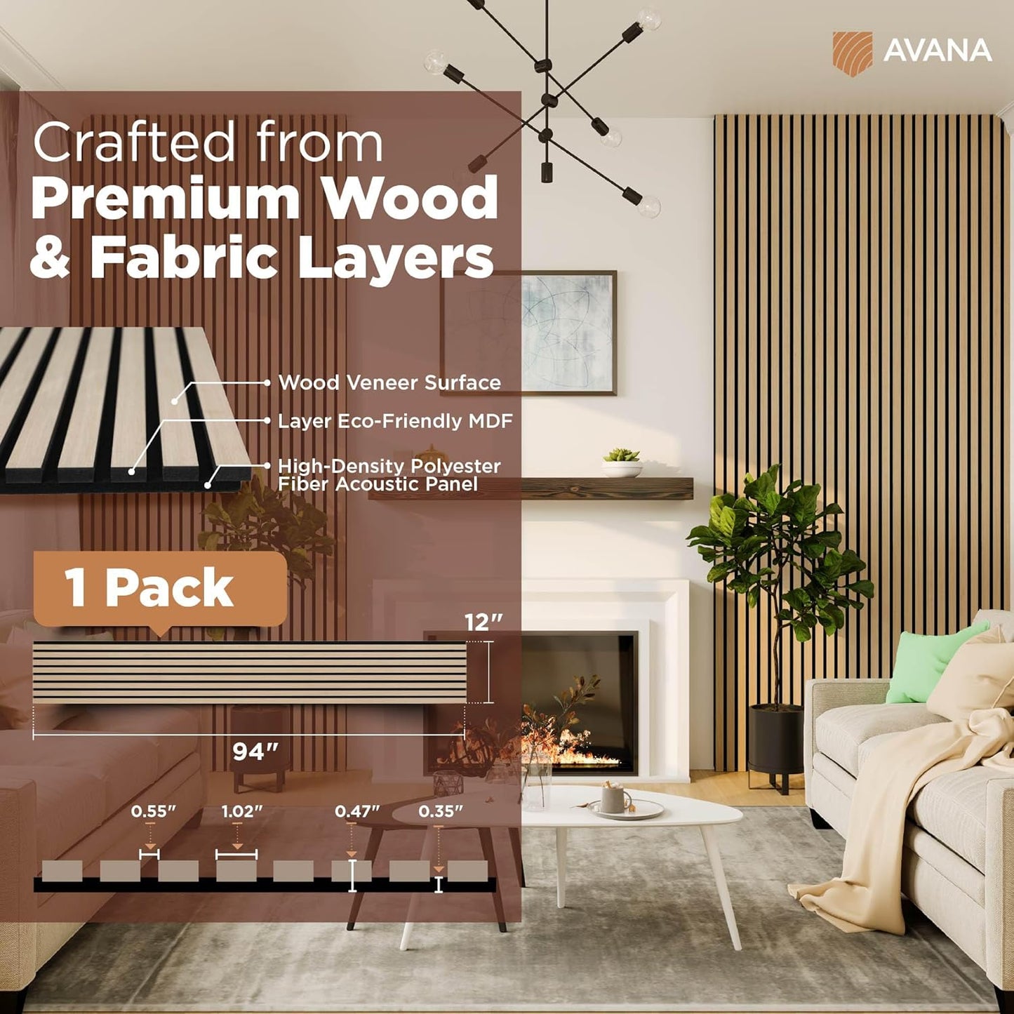 Avana Modern Acoustic Wood Wall Panels – 94.4 X 12.6 Inch White Oak Acoustic Panels 1 PC – Wall Panels For Interior Wall Decor for Homes, Offices, Studios – Sturdy And Durable Wood Panels For Wall