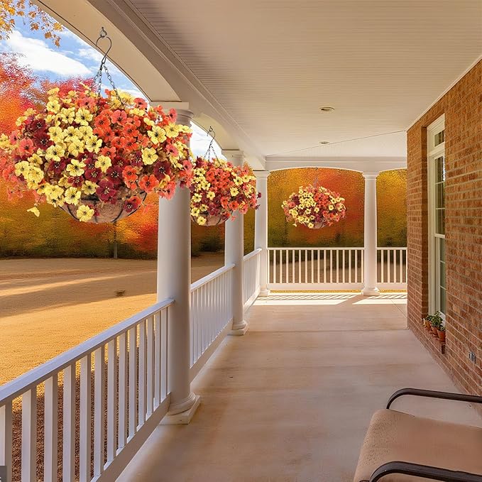 Geegoods 2 Set Artificial Hanging Basket Fall Flowers for Outdoor, Fake Faux UV Resistant Look Real Mixed Mums Plants for Autumn Porch Patio Balcony Yard Home Decor