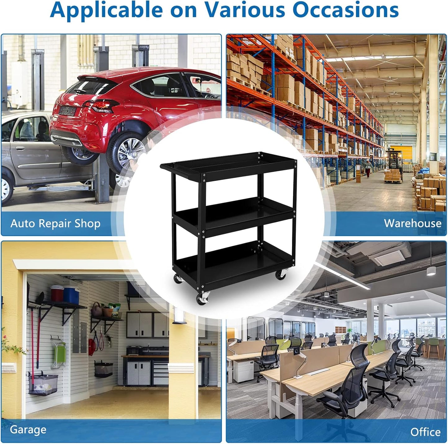 TUFFIOM 3 Tier Rolling Tool Cart, 330 Lbs Capacity, with Ergonomic Handle, Black