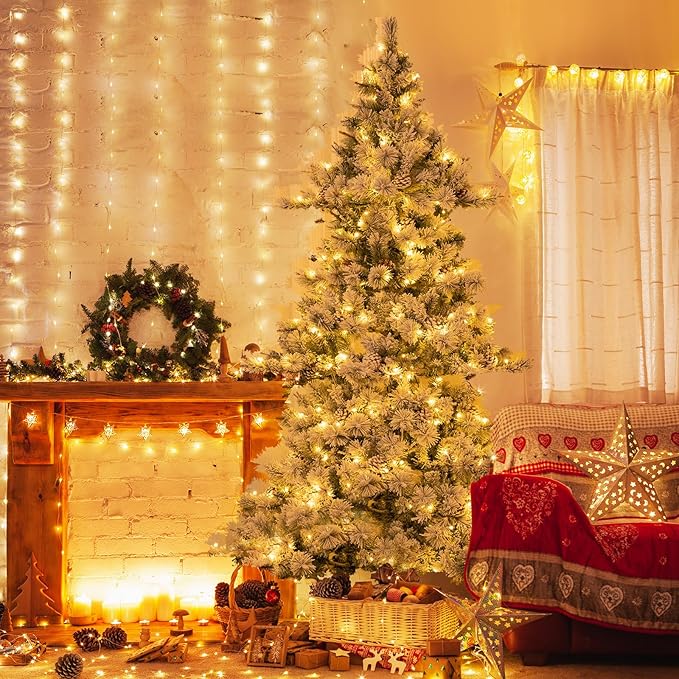 HAPPYGRILL 7 FT Pre-Lit Christmas Tree, Flocked Xmas Tree with Pine Needles, 1057 Branch Tips, 420 Warm White LED Lights & 62 Pine Cones, Hinged Xmas Tree with 2 Pairs of Gloves