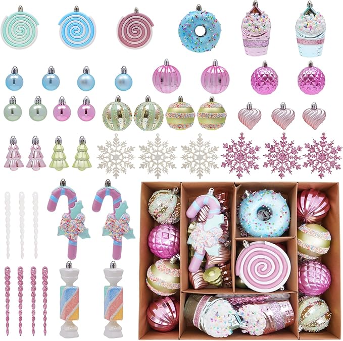 ILLUMINEW 48-Pack Christmas Balls Ornaments,Macaron Shatterproof Christmas Ornaments Set, Xmas Seasonal Cute Hanging Pendants Gift Package for Tree Party Holiday Indoor Decor