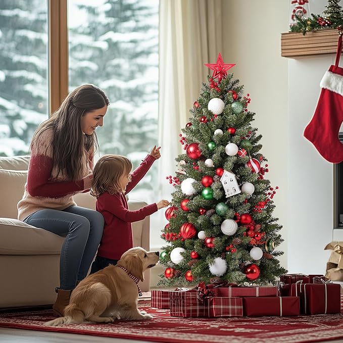 4FT Mini Christmas Tree,Tabletop Christmas Tree with Cloth Bag Base and Colorful LED Light Prelit Christmas Artificial with Pine Cones for Outdoor Indoor Porch Table Xmas