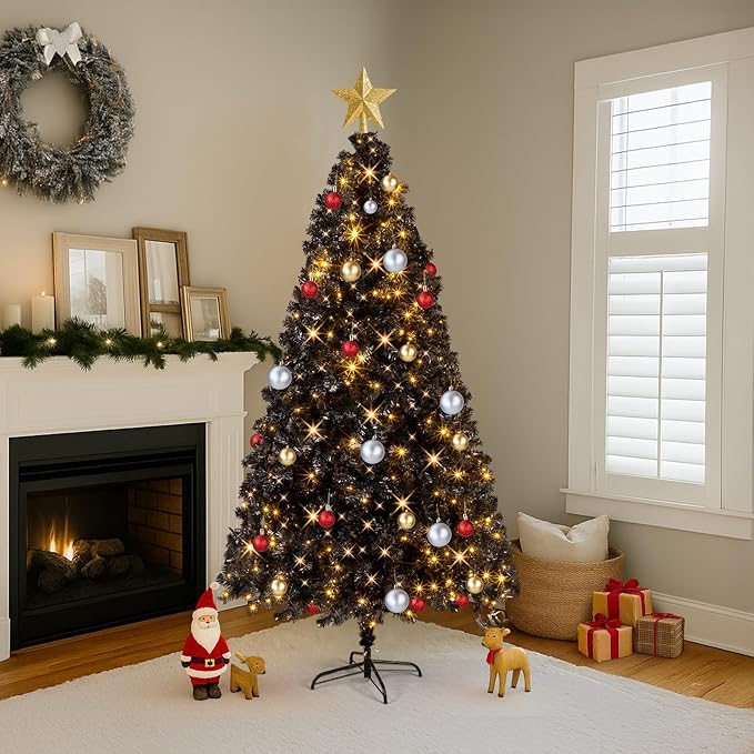 VINGLI 7ft Black Artificial Christmas Pine Tree with 400 Warm White Lights, Pre-Lit Xmas Tree with 1350 Full Branch Tips, Sturdy Metal Stand, 8 Color Modes for Holiday & Party Decor