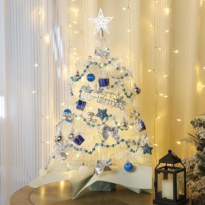 Juegoal White Mini Christmas Tree, 24 Inch/2 FT Lighted Tabletop Artificial Xmas Pine Tree, Small Spruce Tree Light Up Battery Operated & Timer with 50 LED Lights, for Holiday Winter Home Party Decor