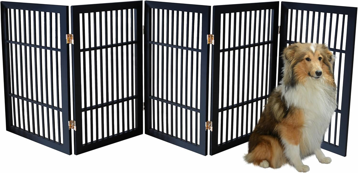 Pet Dog Gate Strong and Durable Freestanding Folding Acacia Hardwood Portable Wooden Fence Indoors or Outdoors by Urnporium (Black Pet Gate, 5 Panel 30" Tall)