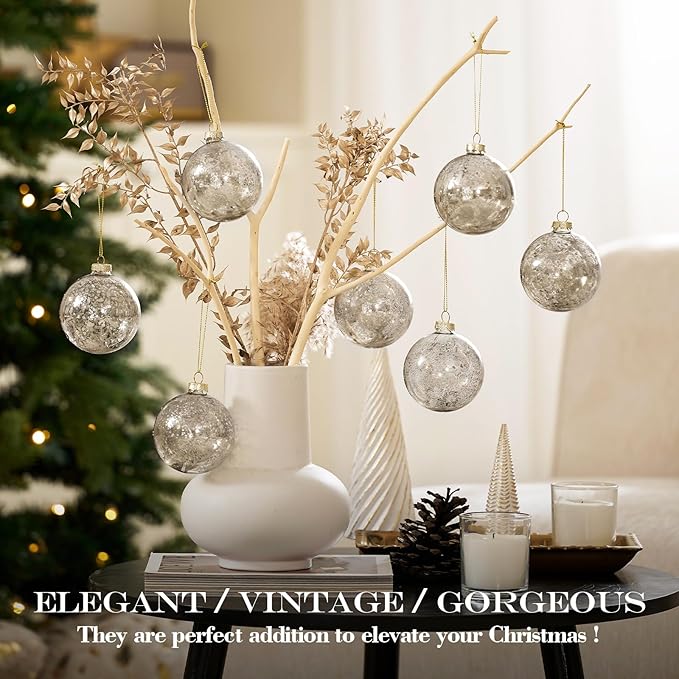 Christmas Ball Ornaments Set of 12pcs-3.15” Silver Mercury Glass Xmas Hanging Ball Decorations for Christmas Tree, Elegant Shiny Xmas Ornaments for New Year Thanksgiving Birthdays Holiday Party