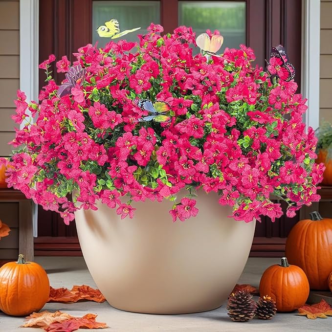 20 Bundles Artificial Flowers for Outdoors‌ with 6 Faux Butterflies, UV Resistant Fake Flowers‌ with Eucalyptus Leaves, Artificial Plants Outdoor‌ for Patio Garden Porch Home Decor (Rose Red)