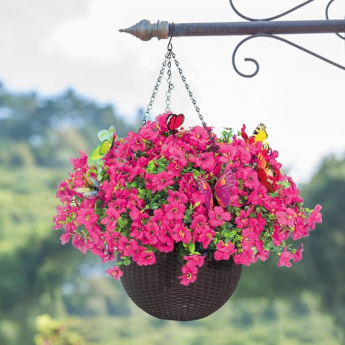 20 Bundles Artificial Flowers for Outdoors‌ with 6 Faux Butterflies, UV Resistant Fake Flowers‌ with Eucalyptus Leaves, Artificial Plants Outdoor‌ for Patio Garden Porch Home Decor (Rose Red)