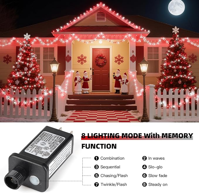 XTF2015 Christmas String Lights, 105ft 300 LED Christmas Lights 8 Modes Memory Function & Timer- UL Certified - Outdoor Indoor Christma s Fairy Lights for Tree, Garden, Party, Wedding(Red + White)