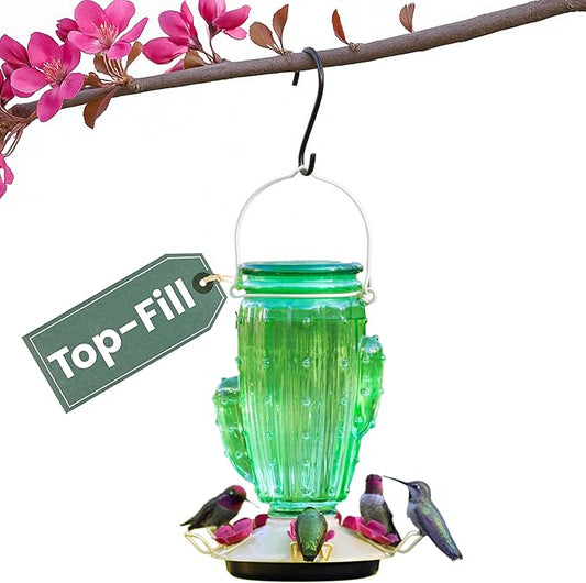 Perky-Pet Cactus Top Fill Glass Hummingbird Feeder with Built-in Bee Guards & Removable Perches - 32 oz Nectar Capacity - Hummingbird Feeder for Outdoors - 9111-1SR