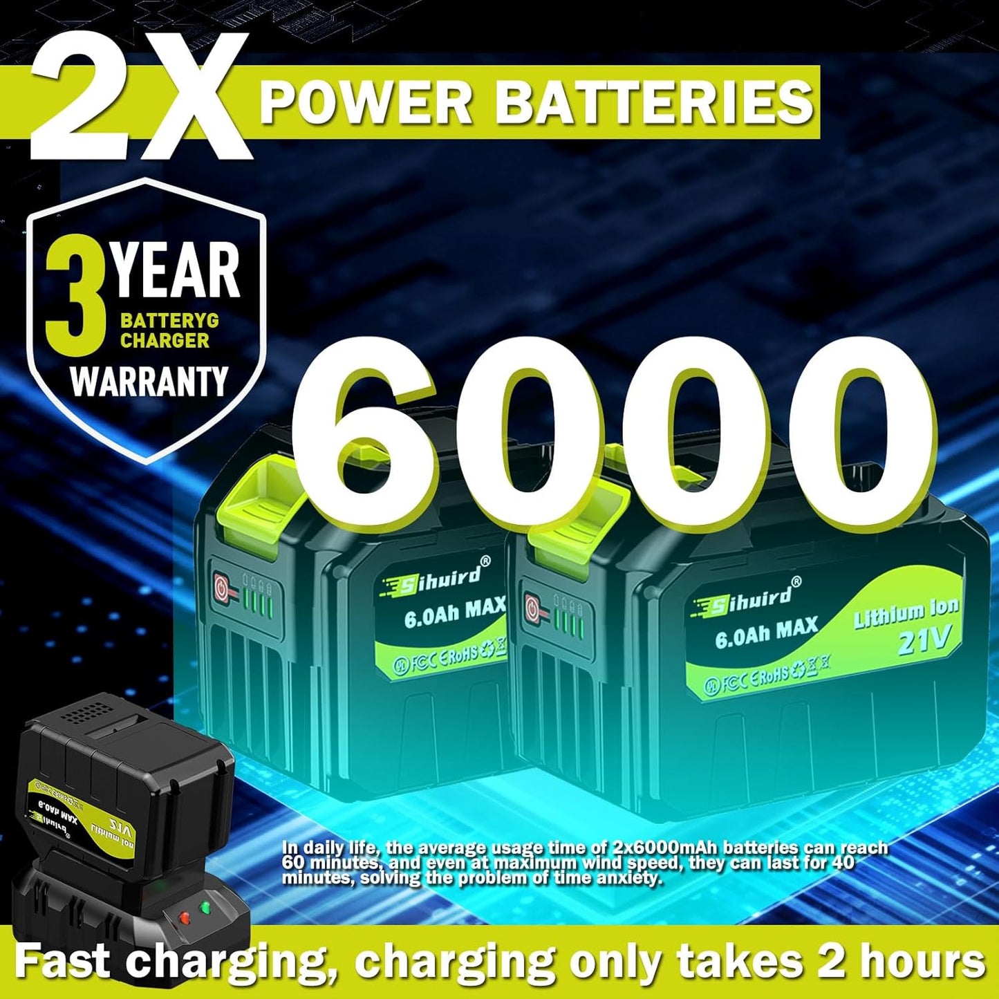 Leaf Blower Cordless,2 x 21V 6.0Ah Battery and Charger, with 680CFM 190MPH Electric Cordless Leaf Blower, 3-Variable Speed & Turbo Mode, Blowers for Lawn Care (5002 D) (Green)