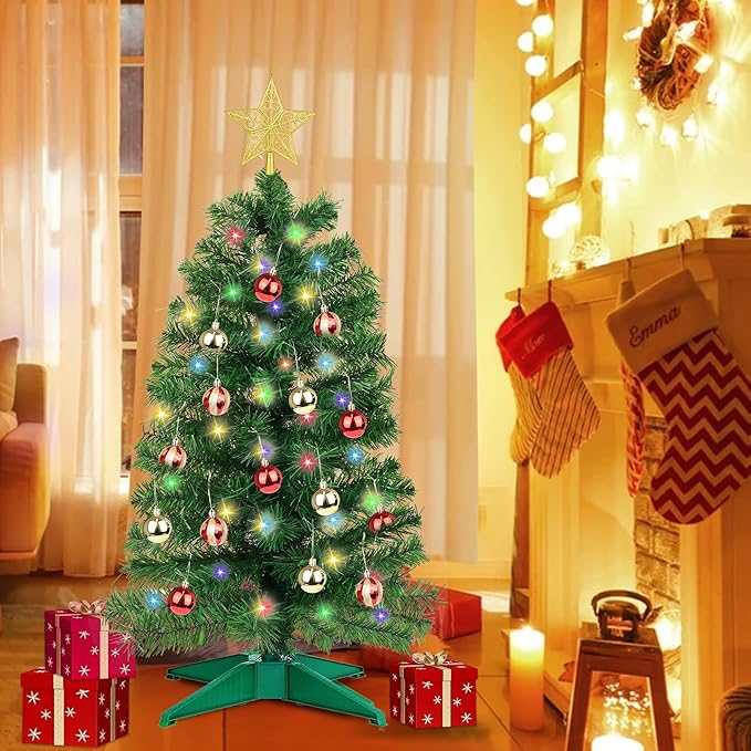 3 Ft Green Christmas Tree 12 Modes Dual Color Change Timer DIY 50 Warm White & Multicolor Lights Star 15 Ball Ornaments Battery Operated Small Artificial Full Xmas Tree Table Home Indoor